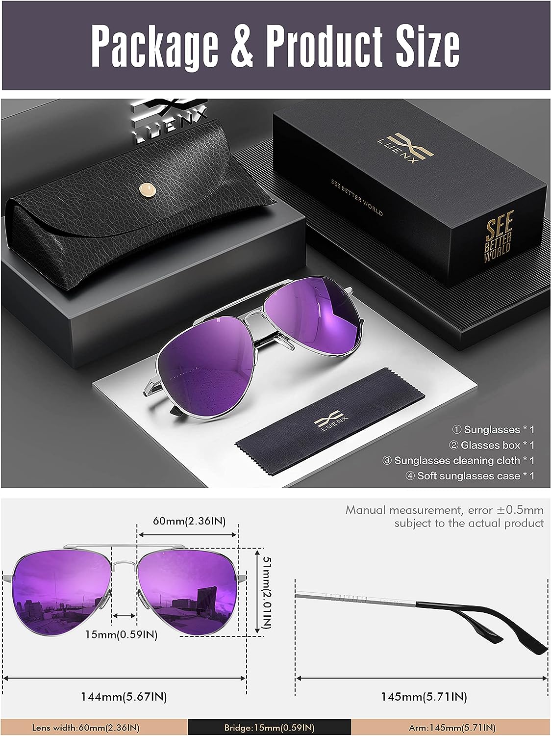 LUENX Aviator Sunglasses for Men Women Polarized - UV 400 Protection with case 60MM