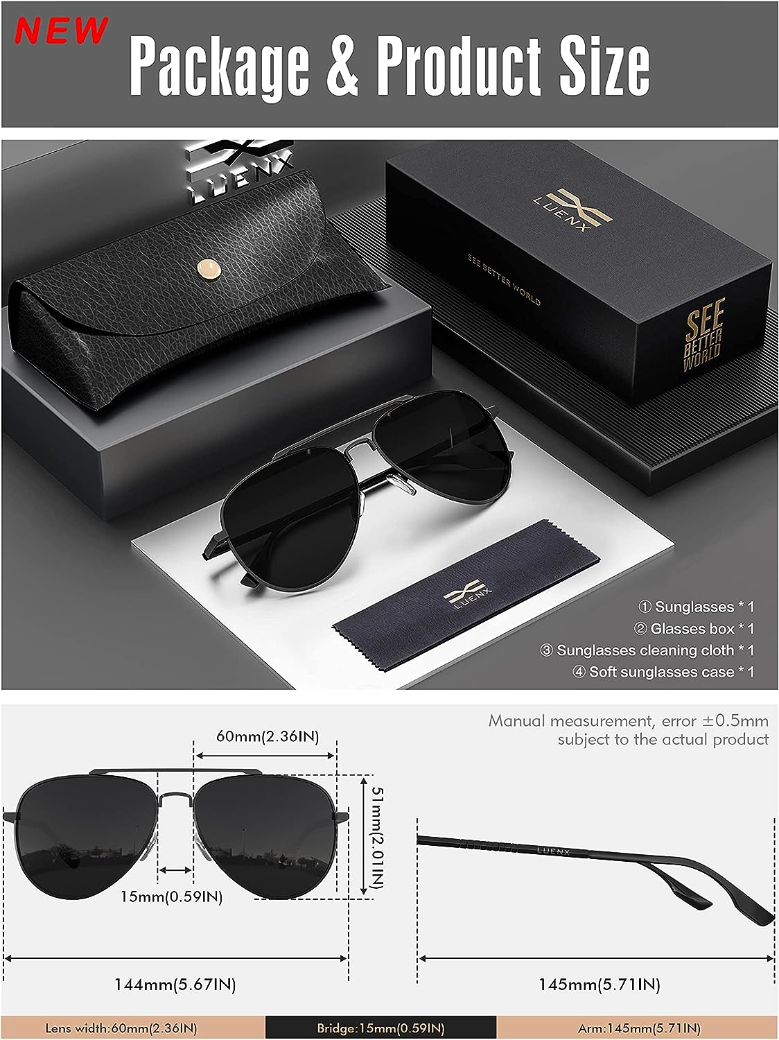 LUENX Aviator Sunglasses for Men Women Polarized - UV 400 Protection with case 60MM
