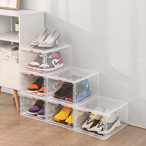 DEZENE Clear Shoe Storage Boxes: Pack of 6 Stackable Plastic Shoe Organizer Containers for Closet, Drop Front Shoe Bins for Sneakers, Fit Shoe Size Up to US Men 12