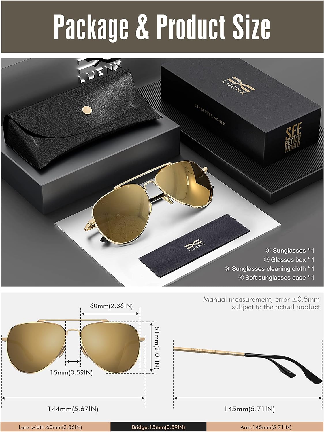 LUENX Aviator Sunglasses for Men Women Polarized - UV 400 Protection with case 60MM