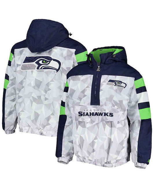Men's White, Navy Seattle Seahawks Thursday Night Gridiron Raglan Half-Zip Hooded Jacket
