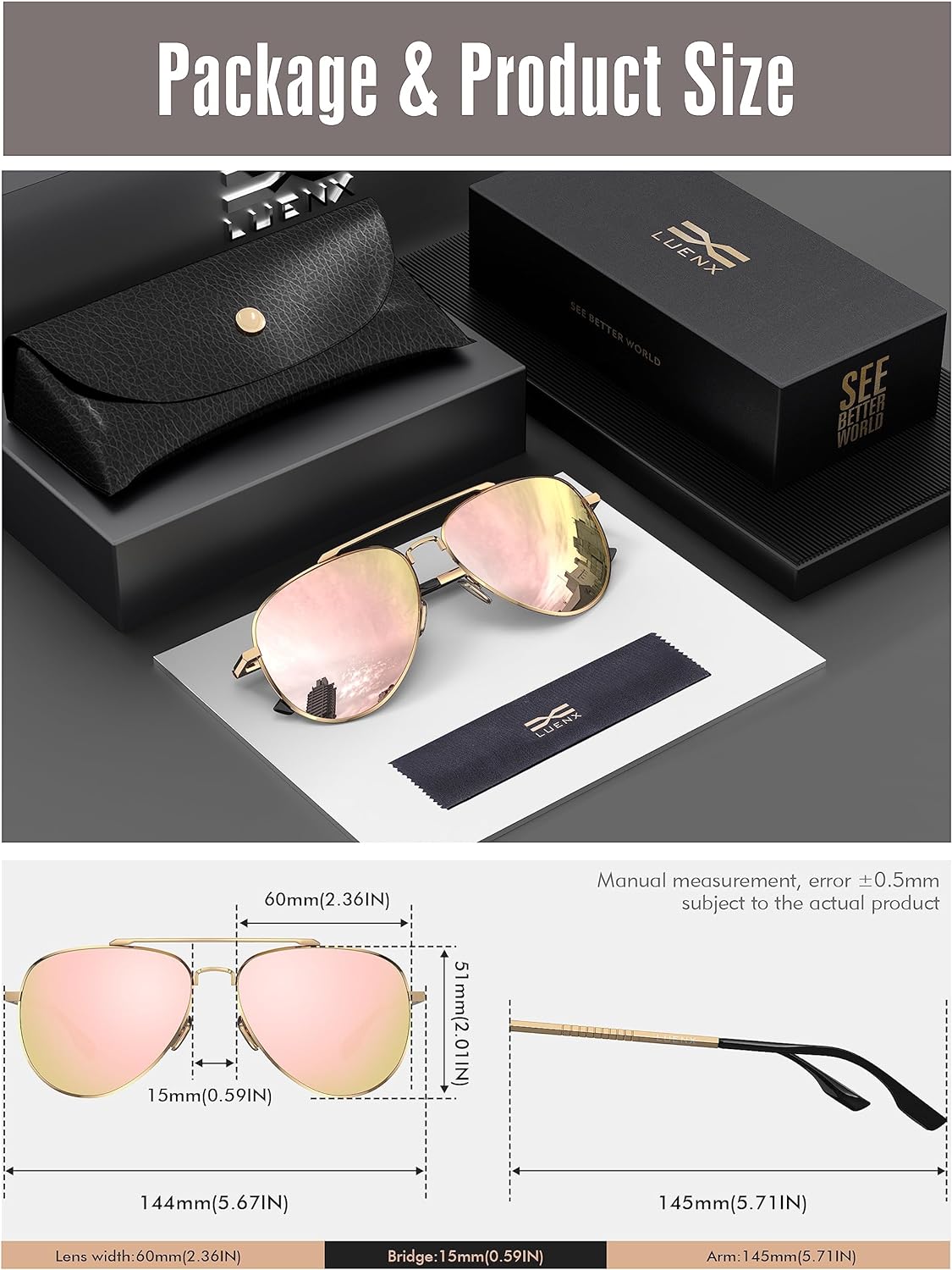 LUENX Aviator Sunglasses for Men Women Polarized - UV 400 Protection with case 60MM
