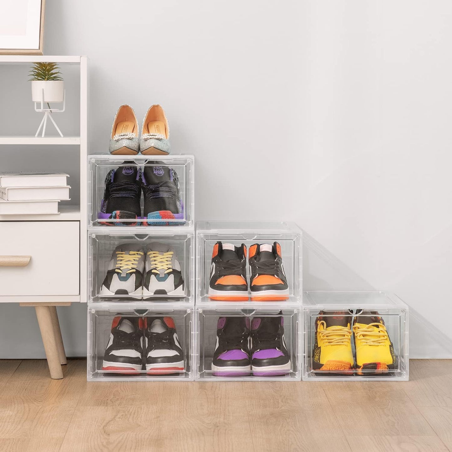 DEZENE Clear Shoe Storage Boxes: Pack of 6 Stackable Plastic Shoe Organizer Containers for Closet, Drop Front Shoe Bins for Sneakers, Fit Shoe Size Up to US Men 12