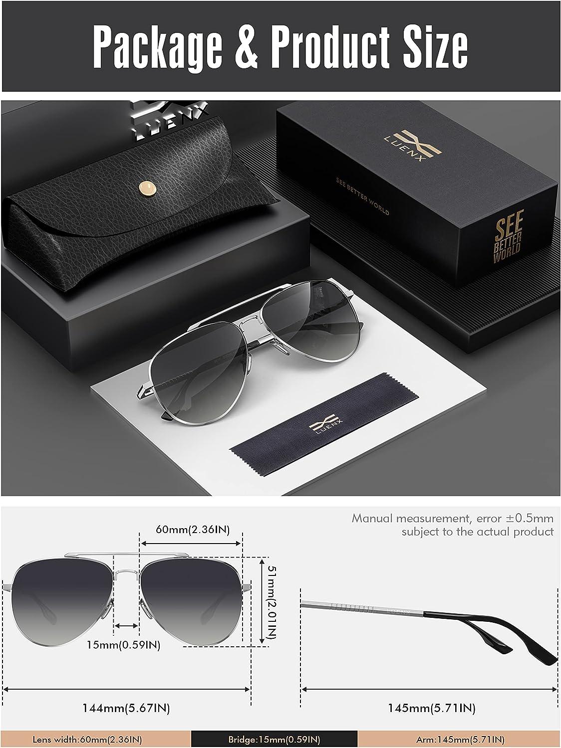 LUENX Aviator Sunglasses for Men Women Polarized - UV 400 Protection with case 60MM