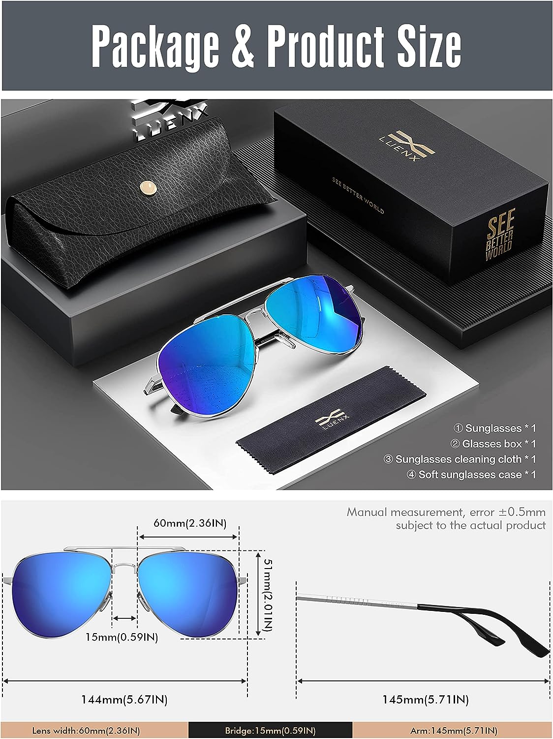 LUENX Aviator Sunglasses for Men Women Polarized - UV 400 Protection with case 60MM