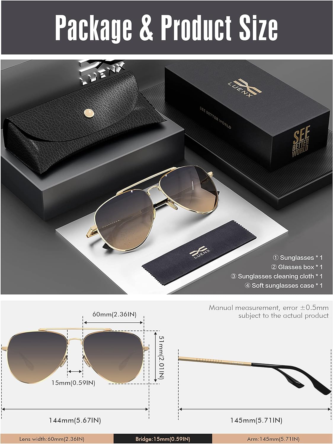 LUENX Aviator Sunglasses for Men Women Polarized - UV 400 Protection with case 60MM
