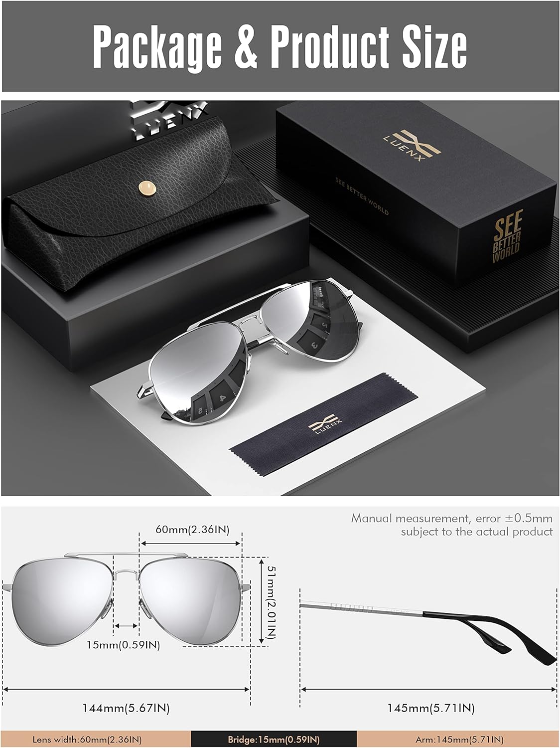 LUENX Aviator Sunglasses for Men Women Polarized - UV 400 Protection with case 60MM