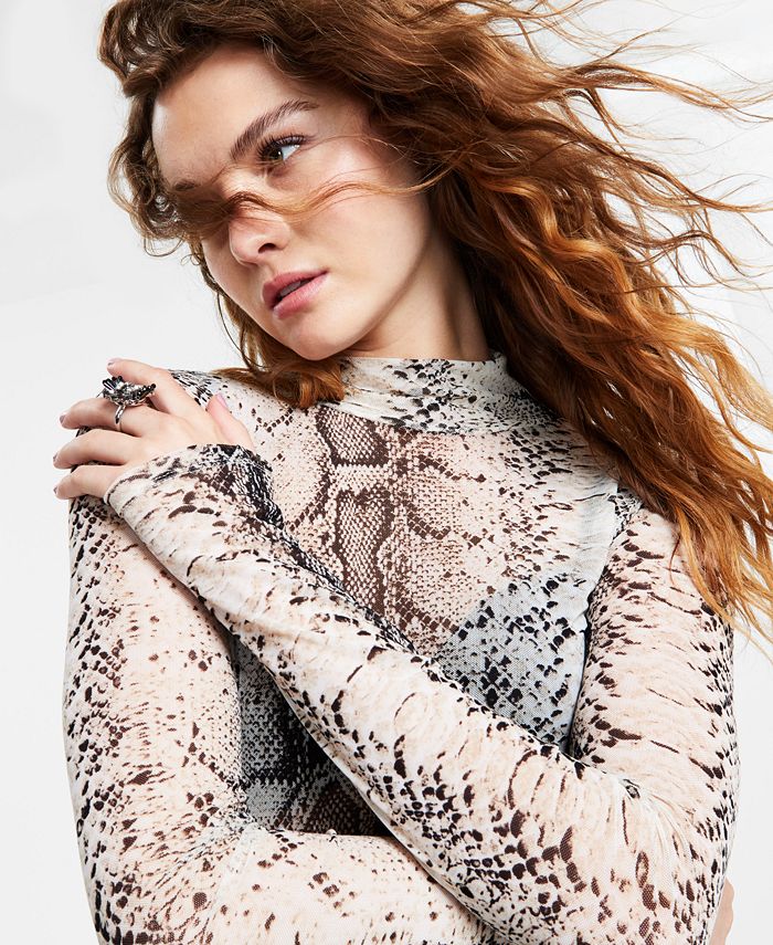 Women's Printed Long-Sleeve Mesh Mock-Neck Top, Created for Macy's