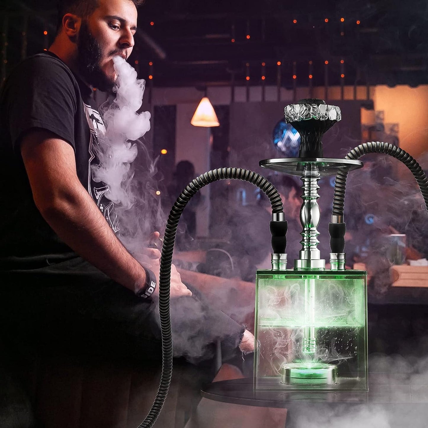 2 Hose Hookah Set - HEJEINK Updated Cube Modern Shisha Includes Vulcan HMD Silicone Hookah Bowl Silk Pipe Coal Tongs Remote LED Light for Great Smoking, Portable Square Hookah Set with Everything