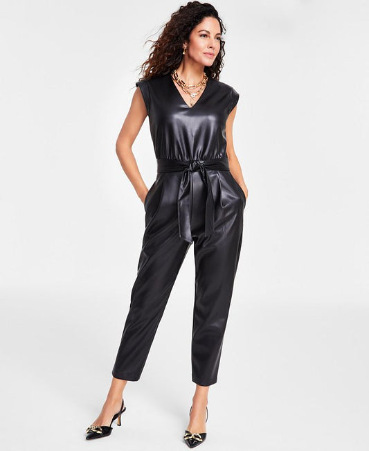 Women's Faux-Leather Belted Jumpsuit, Created for Macy's