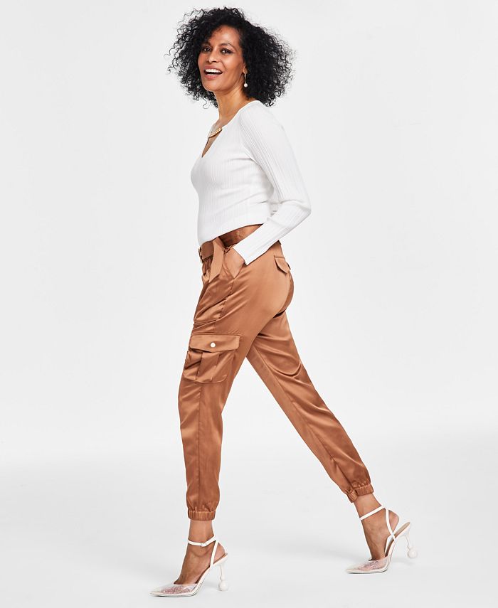 Women's Satin High-Rise Belted Cargo Pants, Created for Macy's