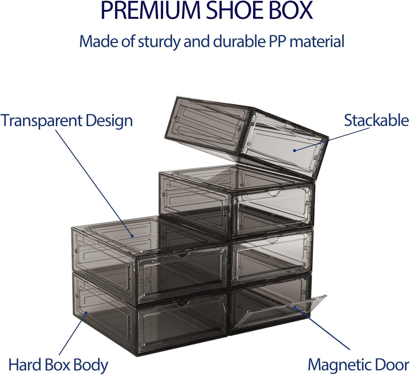 DEZENE Clear Shoe Storage Boxes: Pack of 6 Stackable Plastic Shoe Organizer Containers for Closet, Drop Front Shoe Bins for Sneakers, Fit Shoe Size Up to US Men 12