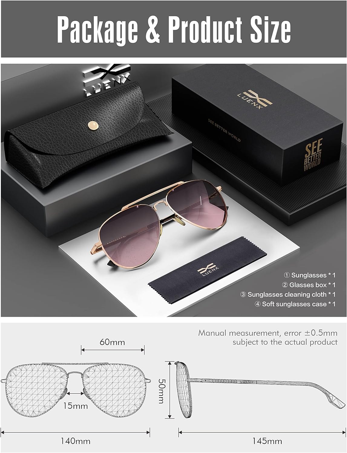 LUENX Aviator Sunglasses for Men Women Polarized - UV 400 Protection with case 60MM