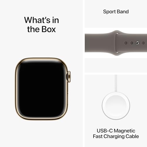 Apple Watch Series 9 [GPS + Cellular 41mm] Smartwatch with Gold Stainless Steel Case with Gold Sport Band S/M. Fitness Tracker, Blood Oxygen & ECG Apps, Always-On Retina Display