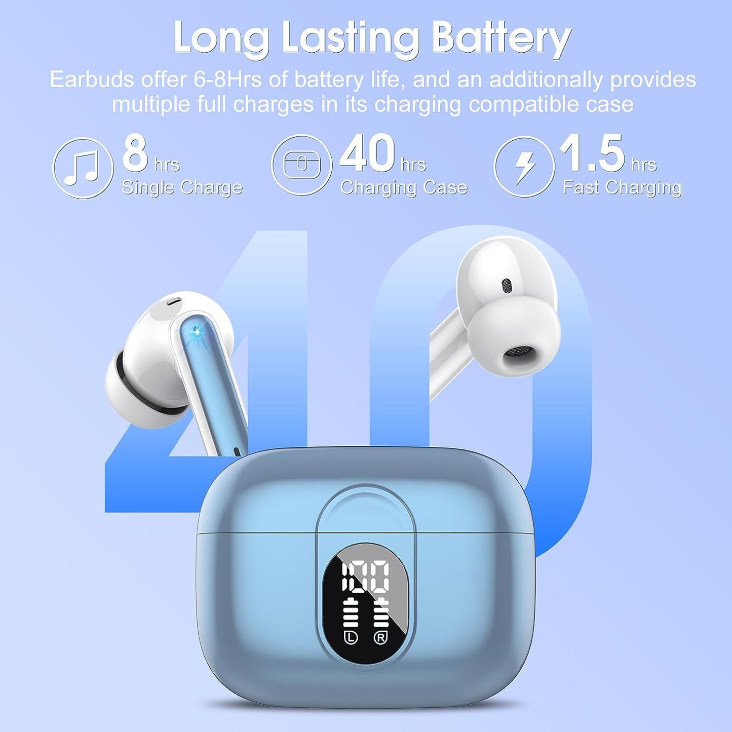 Wireless Earbuds, 2023 Bluetooth Headphones 5.3 HiFi Stereo Earphones, 40H Playtime in-Ear Earbud, Bluetooth Earbud with LED Power Display, IP7 Waterproof Earphones Sport Headset for Android iOS