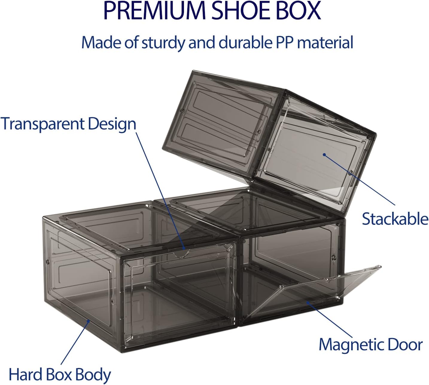 DEZENE Clear Shoe Storage Boxes: Pack of 6 Stackable Plastic Shoe Organizer Containers for Closet, Drop Front Shoe Bins for Sneakers, Fit Shoe Size Up to US Men 12