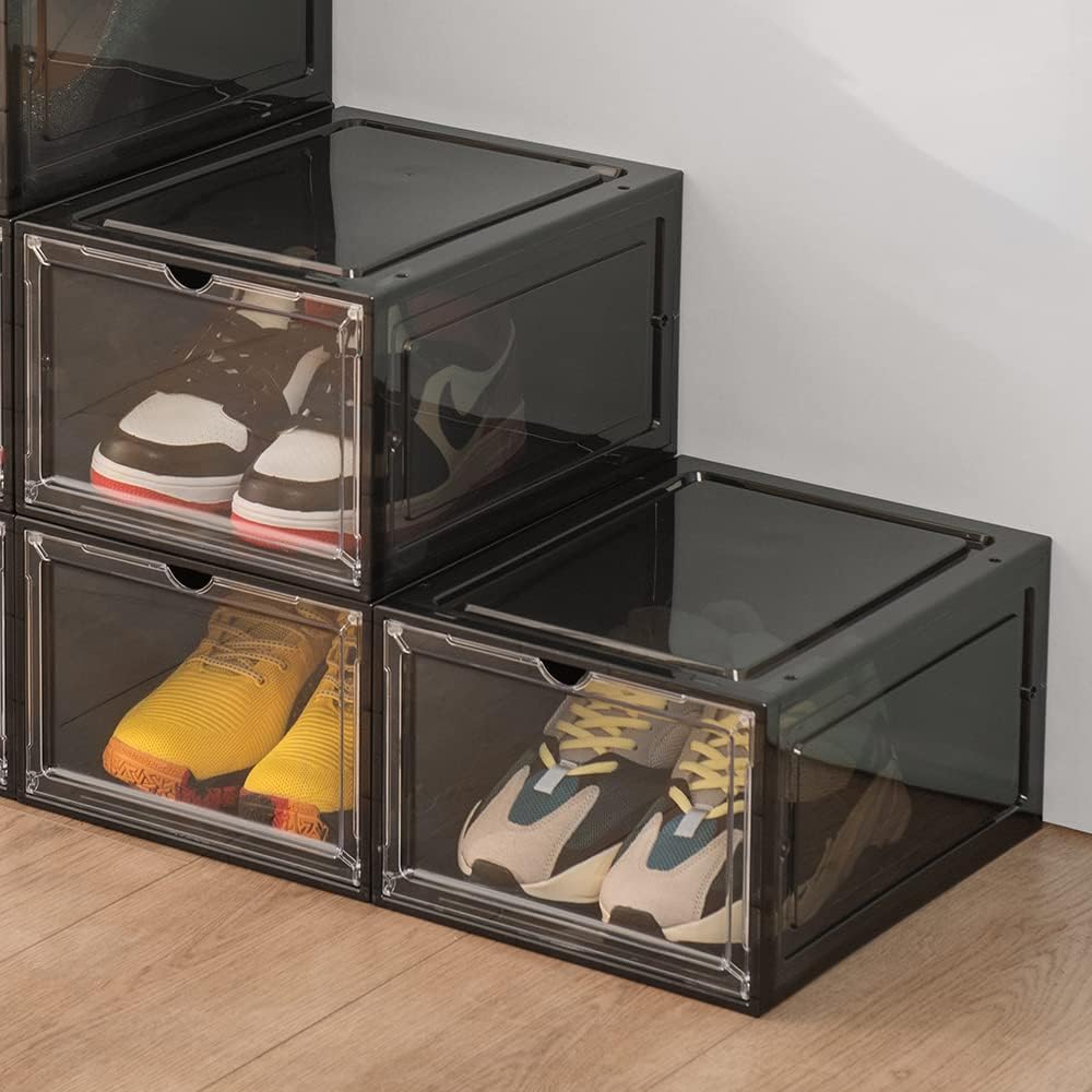 DEZENE Clear Shoe Storage Boxes: Pack of 6 Stackable Plastic Shoe Organizer Containers for Closet, Drop Front Shoe Bins for Sneakers, Fit Shoe Size Up to US Men 12