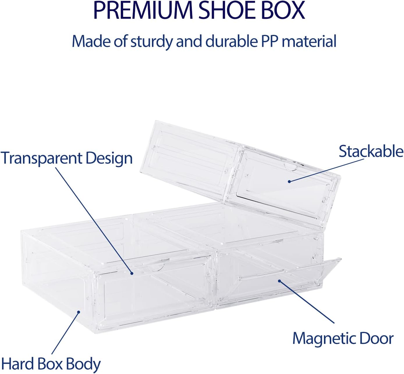 DEZENE Clear Shoe Storage Boxes: Pack of 6 Stackable Plastic Shoe Organizer Containers for Closet, Drop Front Shoe Bins for Sneakers, Fit Shoe Size Up to US Men 12