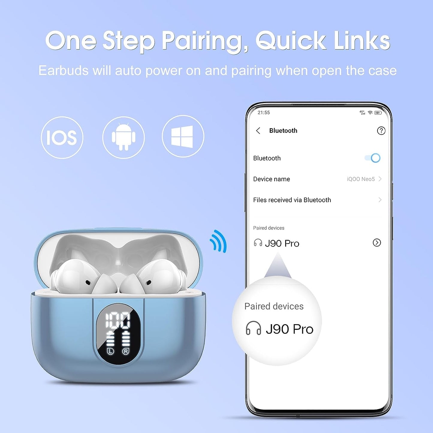Wireless Earbuds, 2023 Bluetooth Headphones 5.3 HiFi Stereo Earphones, 40H Playtime in-Ear Earbud, Bluetooth Earbud with LED Power Display, IP7 Waterproof Earphones Sport Headset for Android iOS