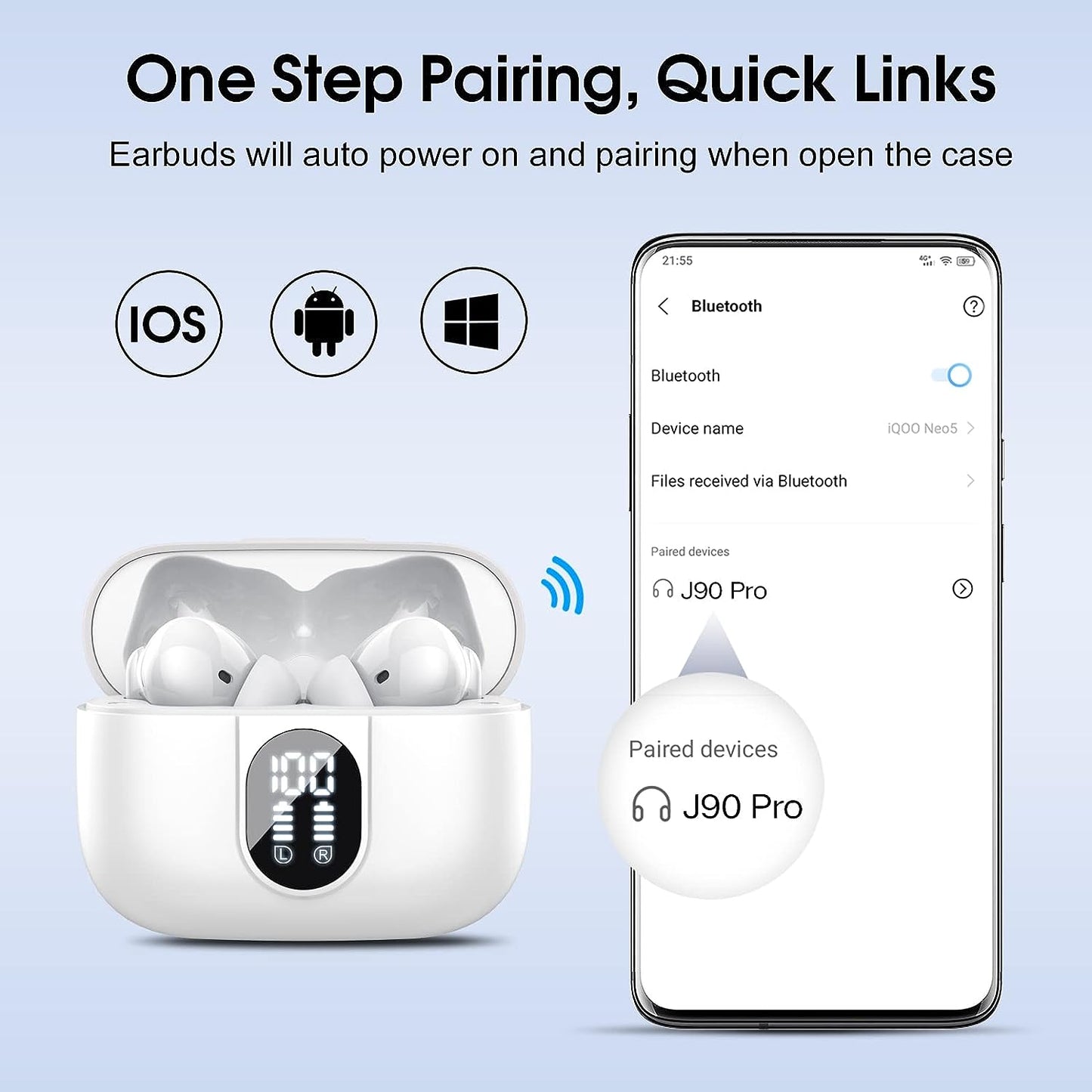 Wireless Earbuds, 2023 Bluetooth Headphones 5.3 HiFi Stereo Earphones, 40H Playtime in-Ear Earbud, Bluetooth Earbud with LED Power Display, IP7 Waterproof Earphones Sport Headset for Android iOS