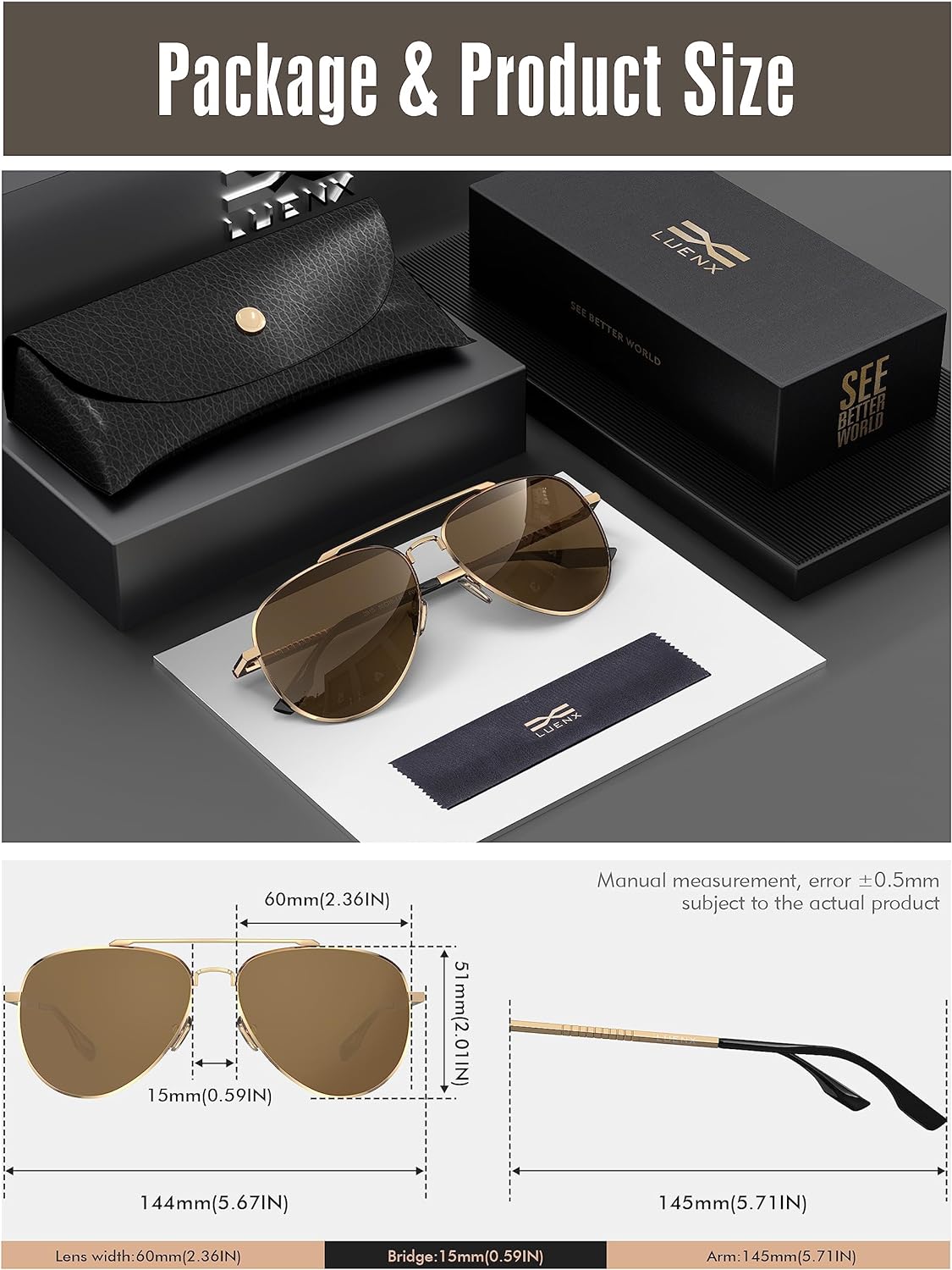 LUENX Aviator Sunglasses for Men Women Polarized - UV 400 Protection with case 60MM