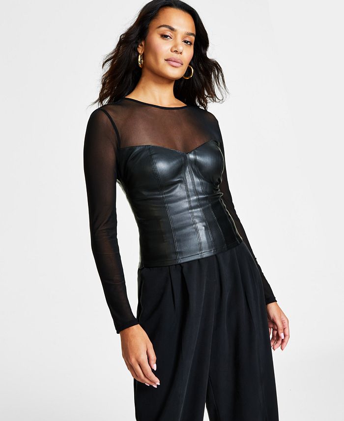 Women's Mesh & Faux-Leather Corset Top, Created for Macy's