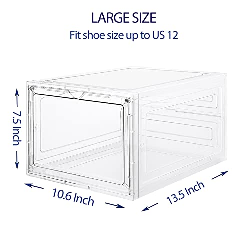 DEZENE Clear Shoe Storage Boxes: Pack of 6 Stackable Plastic Shoe Organizer Containers for Closet, Drop Front Shoe Bins for Sneakers, Fit Shoe Size Up to US Men 12