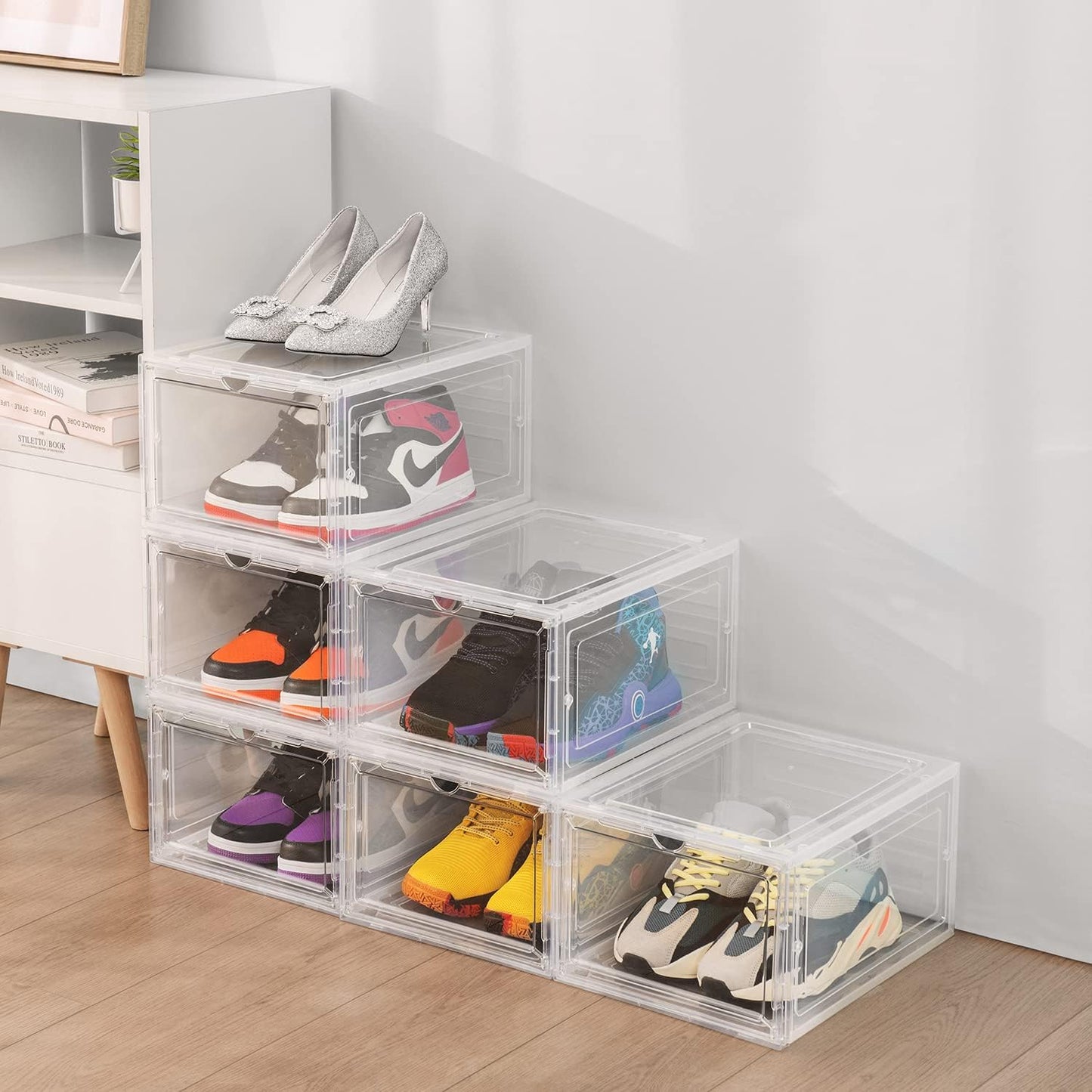 DEZENE Clear Shoe Storage Boxes: Pack of 6 Stackable Plastic Shoe Organizer Containers for Closet, Drop Front Shoe Bins for Sneakers, Fit Shoe Size Up to US Men 12