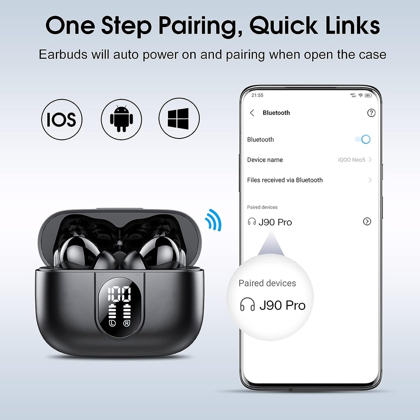 Wireless Earbuds, 2023 Bluetooth Headphones 5.3 HiFi Stereo Earphones, 40H Playtime in-Ear Earbud, Bluetooth Earbud with LED Power Display, IP7 Waterproof Earphones Sport Headset for Android iOS