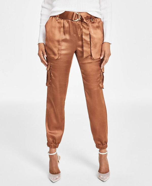 Women's Satin High-Rise Belted Cargo Pants, Created for Macy's