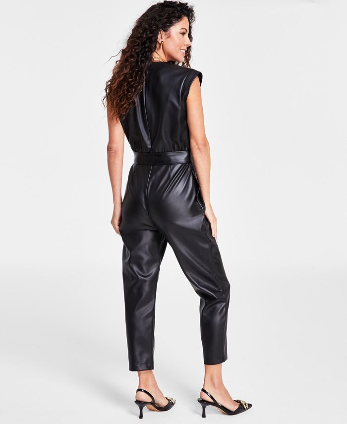 Women's Faux-Leather Belted Jumpsuit, Created for Macy's