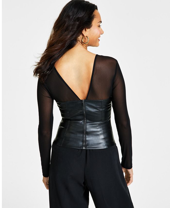 Women's Mesh & Faux-Leather Corset Top, Created for Macy's