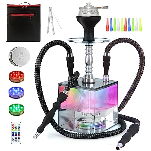 2 Hose Hookah Set - HEJEINK Updated Cube Modern Shisha Includes Vulcan HMD Silicone Hookah Bowl Silk Pipe Coal Tongs Remote LED Light for Great Smoking, Portable Square Hookah Set with Everything