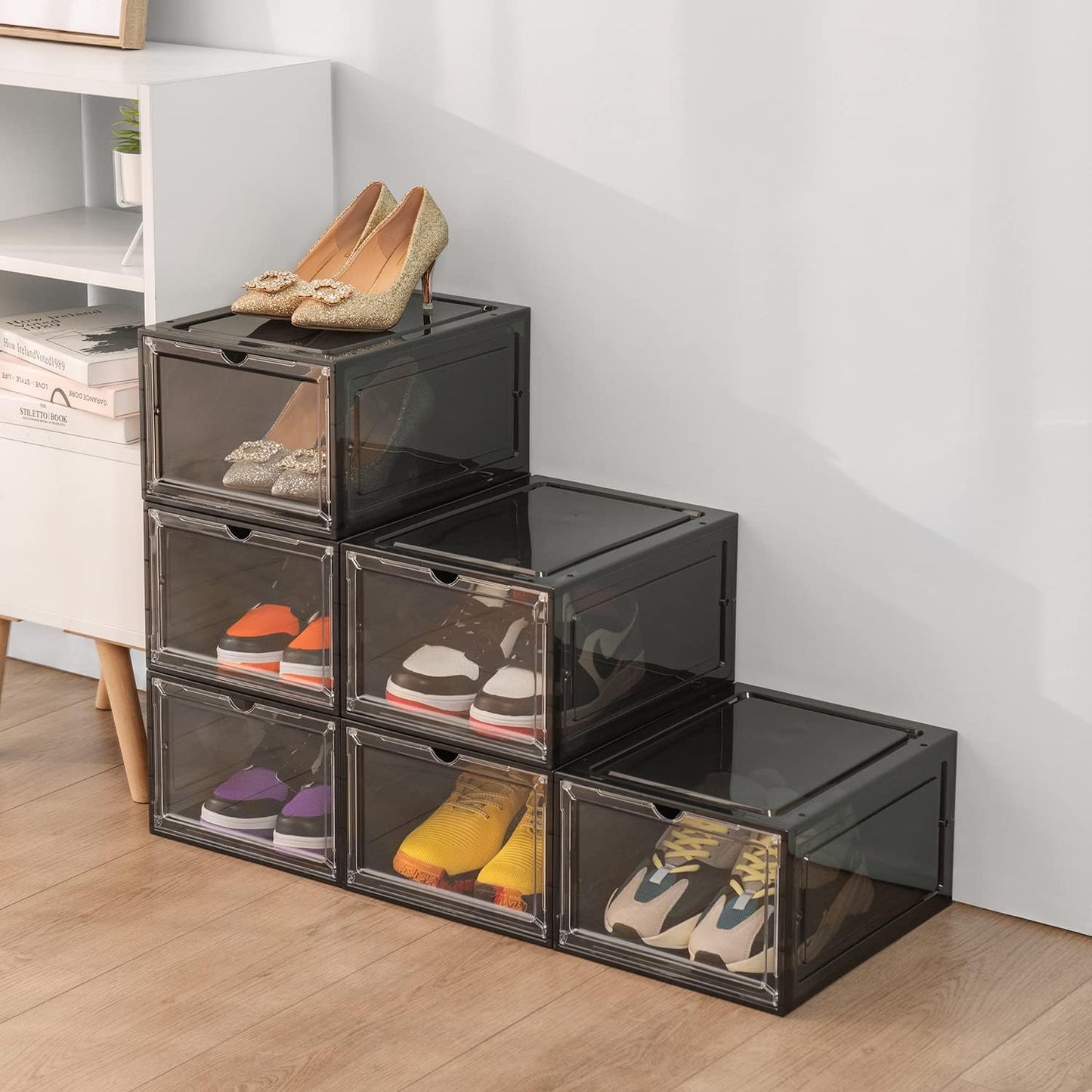 DEZENE Clear Shoe Storage Boxes: Pack of 6 Stackable Plastic Shoe Organizer Containers for Closet, Drop Front Shoe Bins for Sneakers, Fit Shoe Size Up to US Men 12