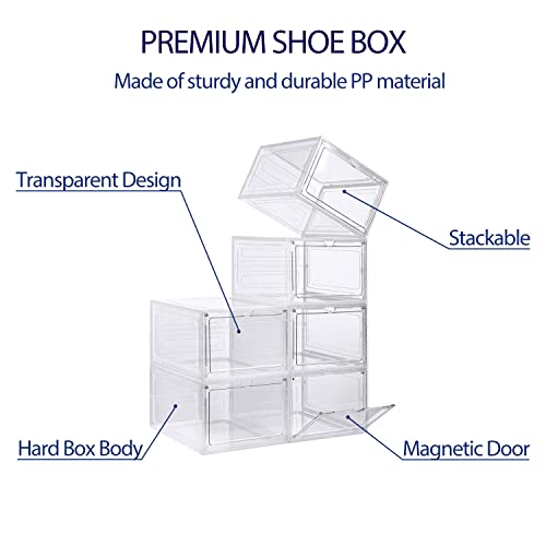 DEZENE Clear Shoe Storage Boxes: Pack of 6 Stackable Plastic Shoe Organizer Containers for Closet, Drop Front Shoe Bins for Sneakers, Fit Shoe Size Up to US Men 12
