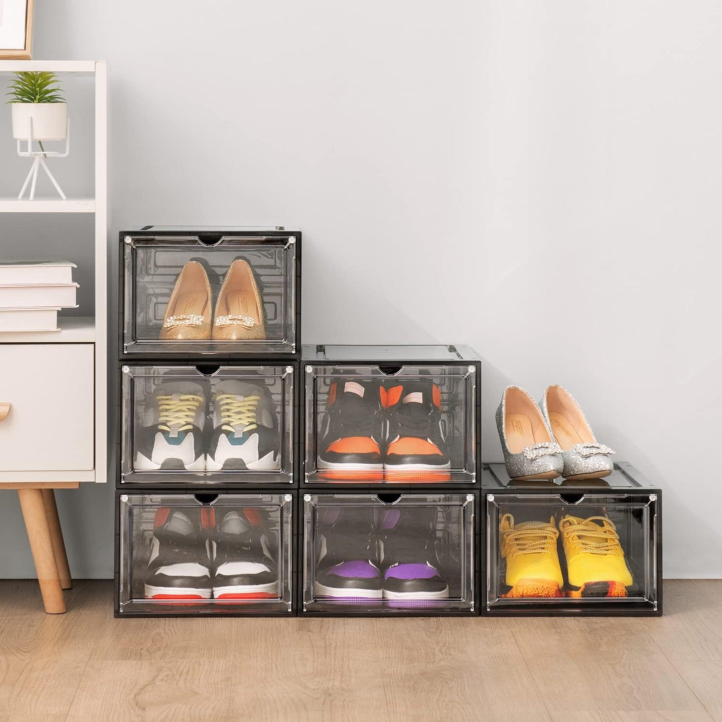 DEZENE Clear Shoe Storage Boxes: Pack of 6 Stackable Plastic Shoe Organizer Containers for Closet, Drop Front Shoe Bins for Sneakers, Fit Shoe Size Up to US Men 12