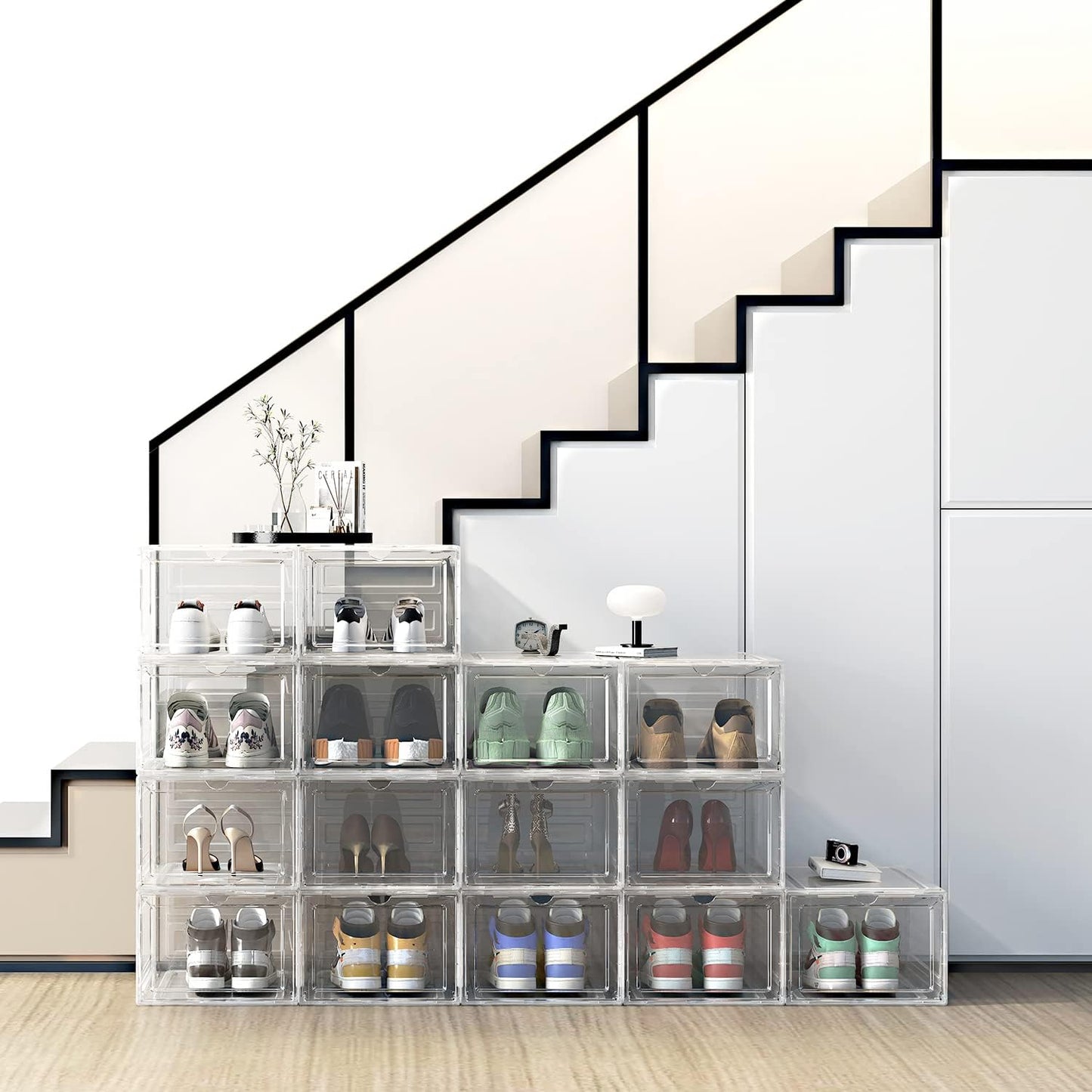 DEZENE Clear Shoe Storage Boxes: Pack of 6 Stackable Plastic Shoe Organizer Containers for Closet, Drop Front Shoe Bins for Sneakers, Fit Shoe Size Up to US Men 12