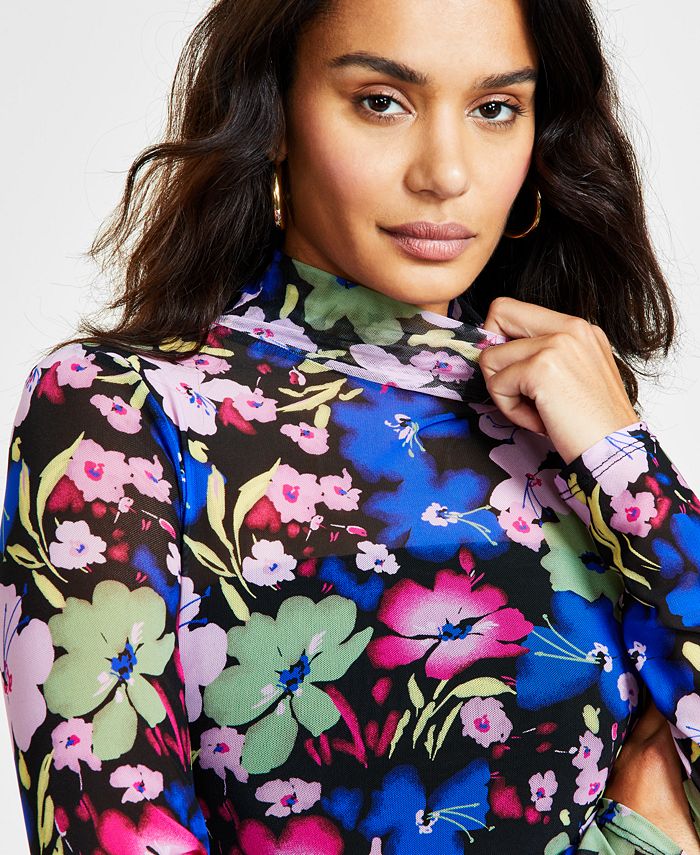 Women's Mock-Neck Printed-Mesh Top, Created for Macy's