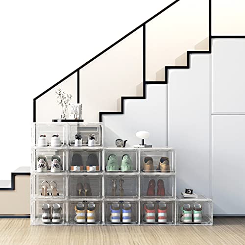 DEZENE Clear Shoe Storage Boxes: Pack of 6 Stackable Plastic Shoe Organizer Containers for Closet, Drop Front Shoe Bins for Sneakers, Fit Shoe Size Up to US Men 12
