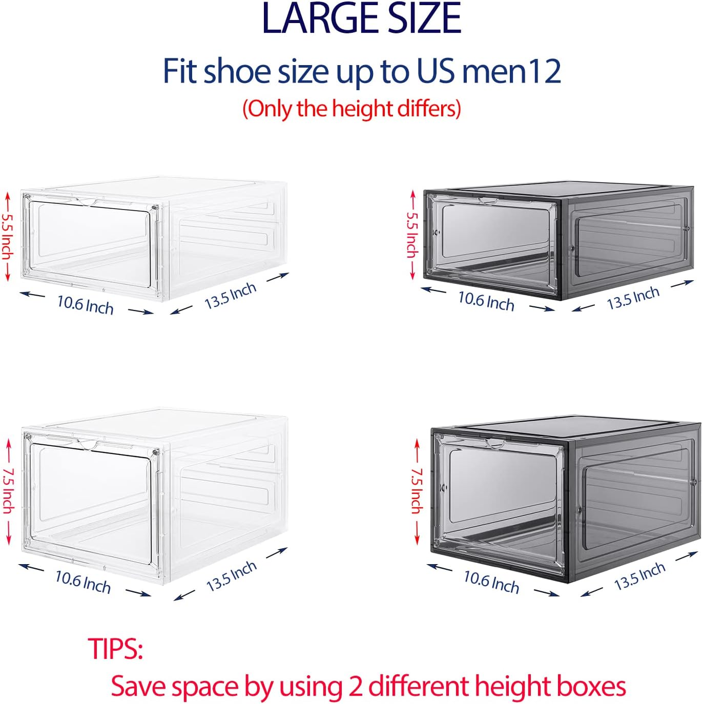 DEZENE Clear Shoe Storage Boxes: Pack of 6 Stackable Plastic Shoe Organizer Containers for Closet, Drop Front Shoe Bins for Sneakers, Fit Shoe Size Up to US Men 12