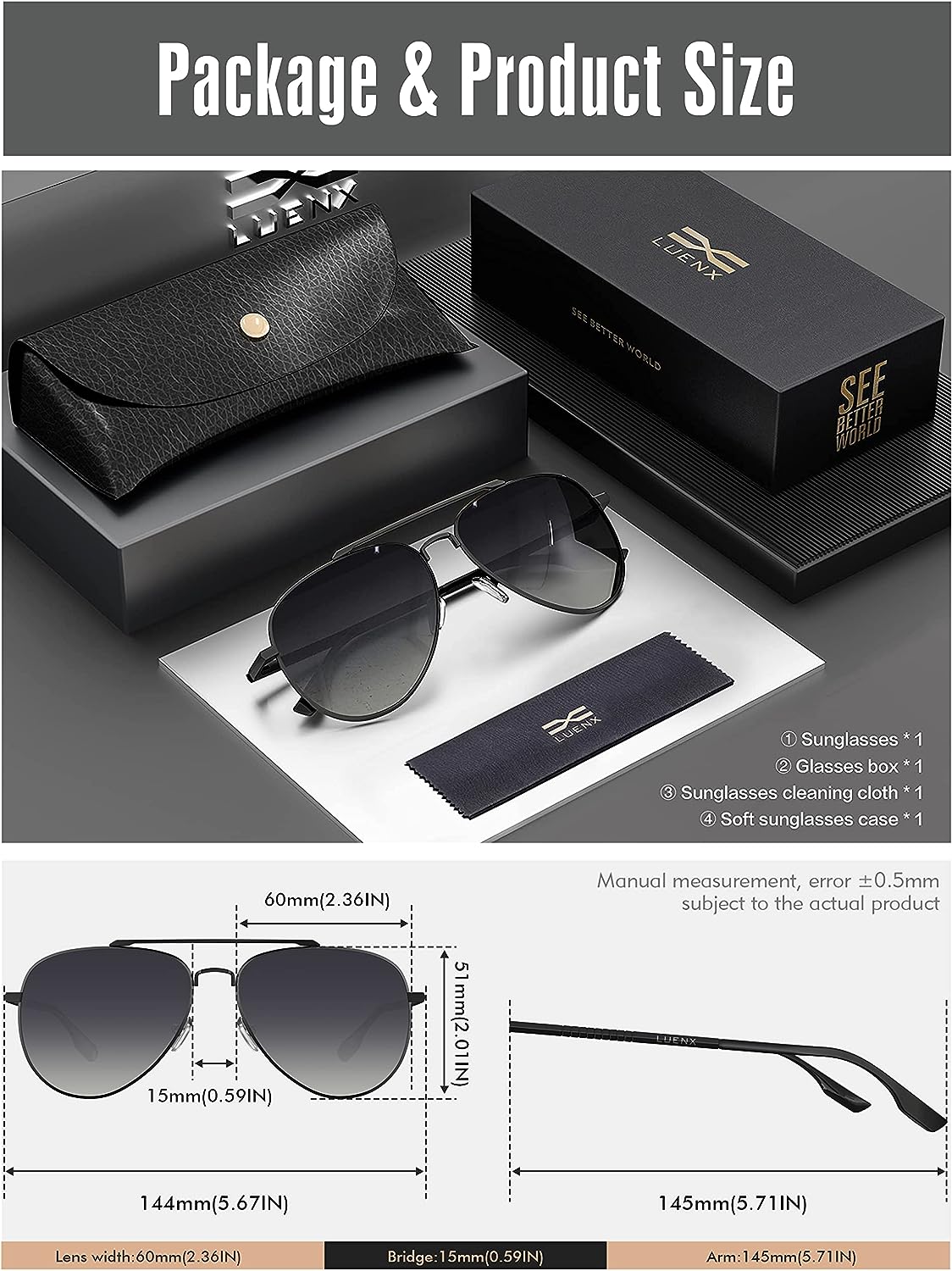 LUENX Aviator Sunglasses for Men Women Polarized - UV 400 Protection with case 60MM