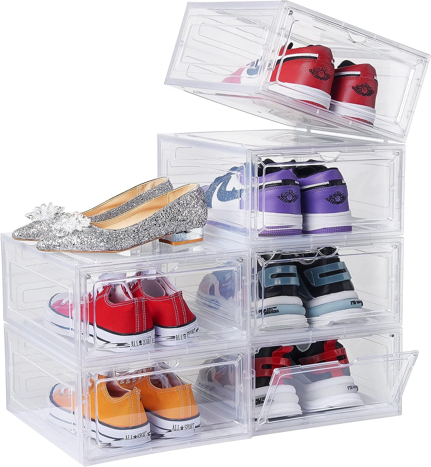 DEZENE Clear Shoe Storage Boxes: Pack of 6 Stackable Plastic Shoe Organizer Containers for Closet, Drop Front Shoe Bins for Sneakers, Fit Shoe Size Up to US Men 12