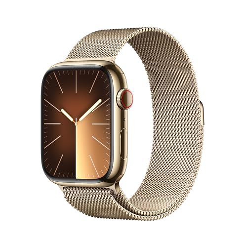 Apple Watch Series 9 [GPS + Cellular 41mm] Smartwatch with Gold Stainless Steel Case with Gold Sport Band S/M. Fitness Tracker, Blood Oxygen & ECG Apps, Always-On Retina Display