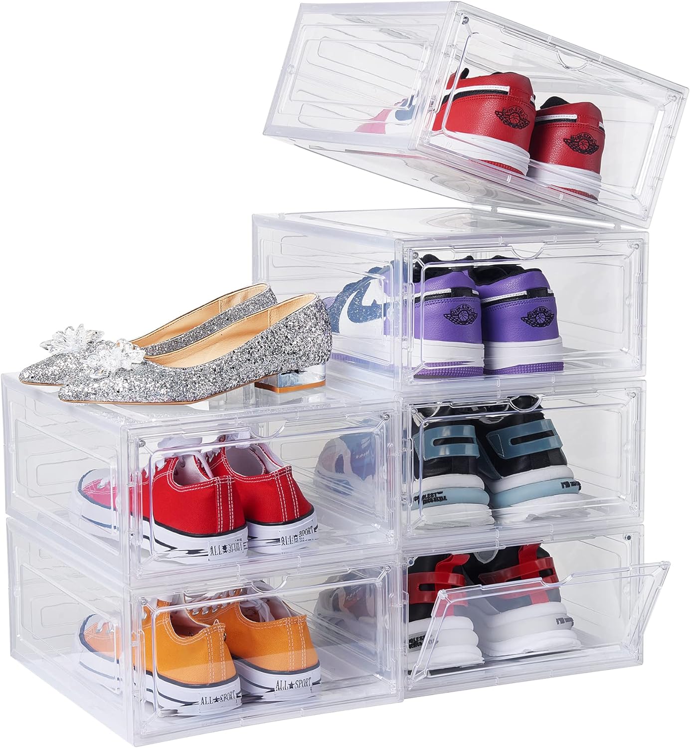 DEZENE Clear Shoe Storage Boxes: Pack of 6 Stackable Plastic Shoe Organizer Containers for Closet, Drop Front Shoe Bins for Sneakers, Fit Shoe Size Up to US Men 12